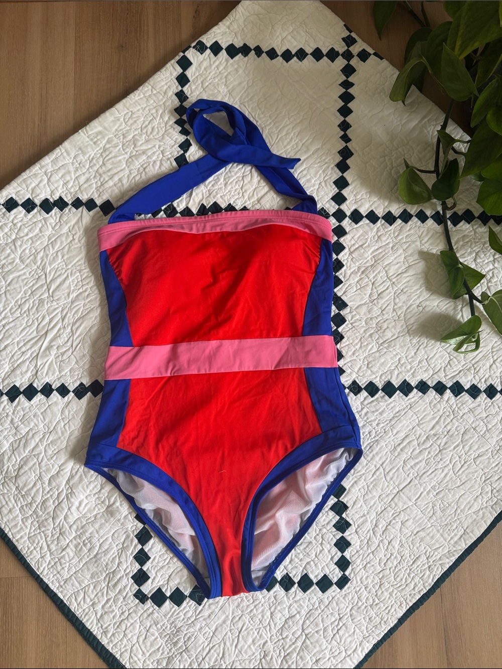 Boden Red Pink and Blue Halter Colorblock Santorini One-Piece Swimsuit - size 8